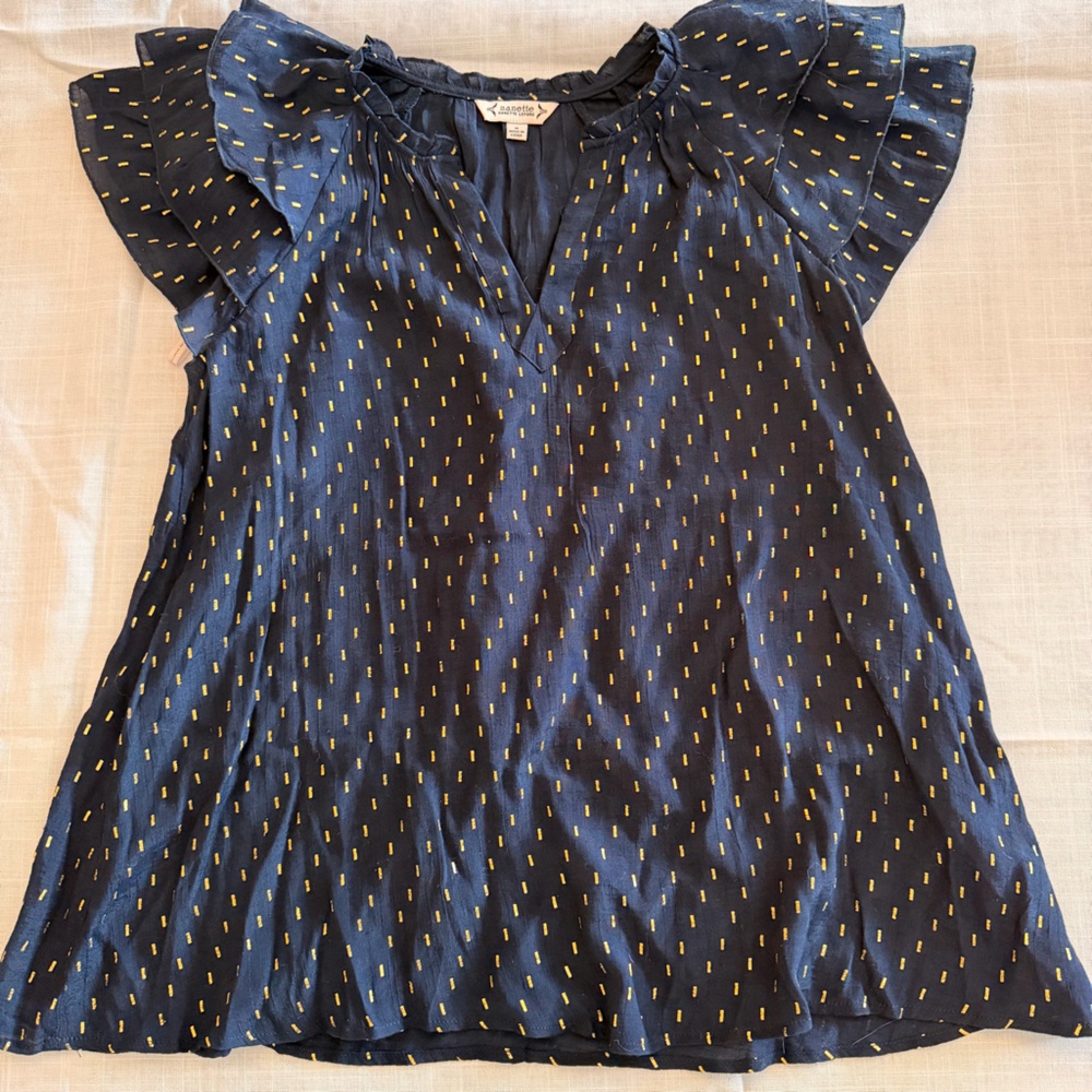 Nanette Lepore Navy Gold Dash Print Top — Size S